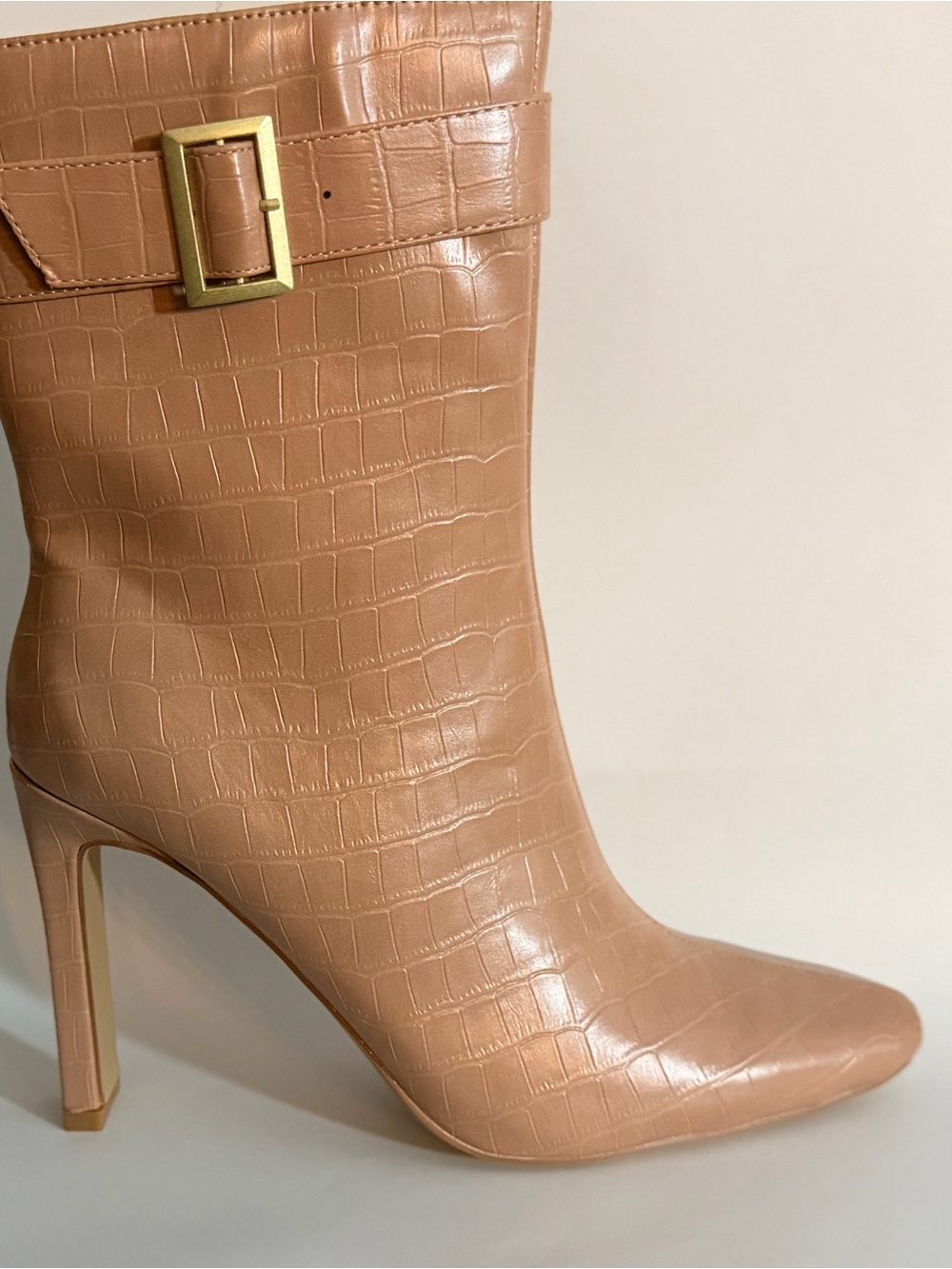Journee Collection Croc-Embossed Beige/Tan Stiletto Ankle Boot with Gold Buckle